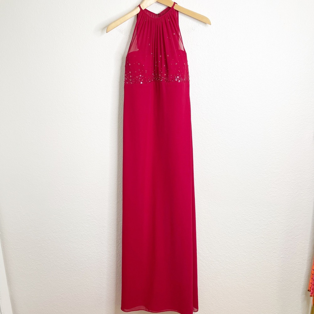 Vintage Michaelangelo Red Beaded Halter Neck Formal Gown Dress Womens 4